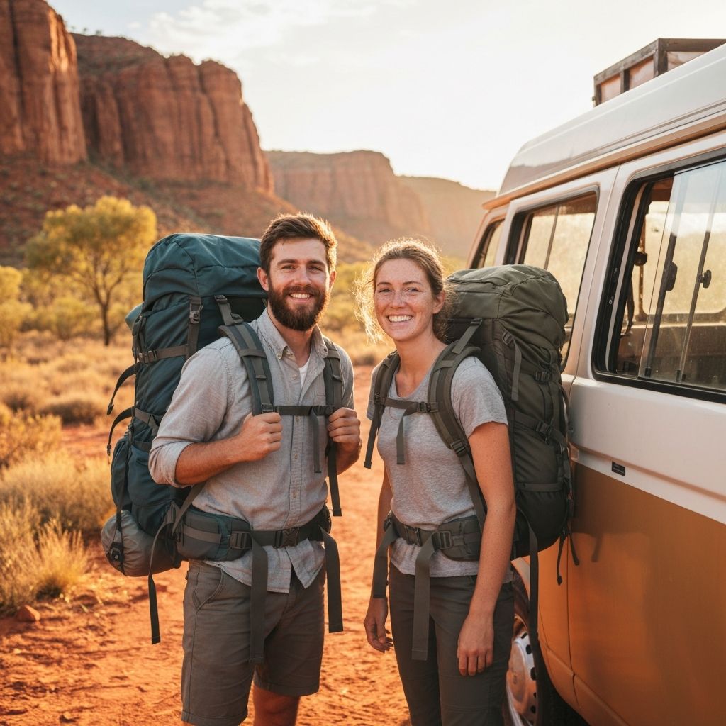 Two backpackers standing next to a campervan in the outback