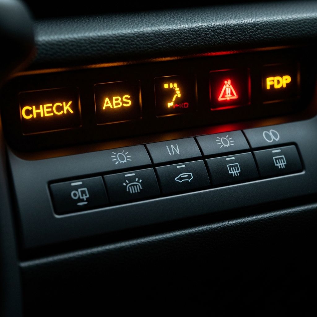 Car dashboard with multiple warning lights illuminated