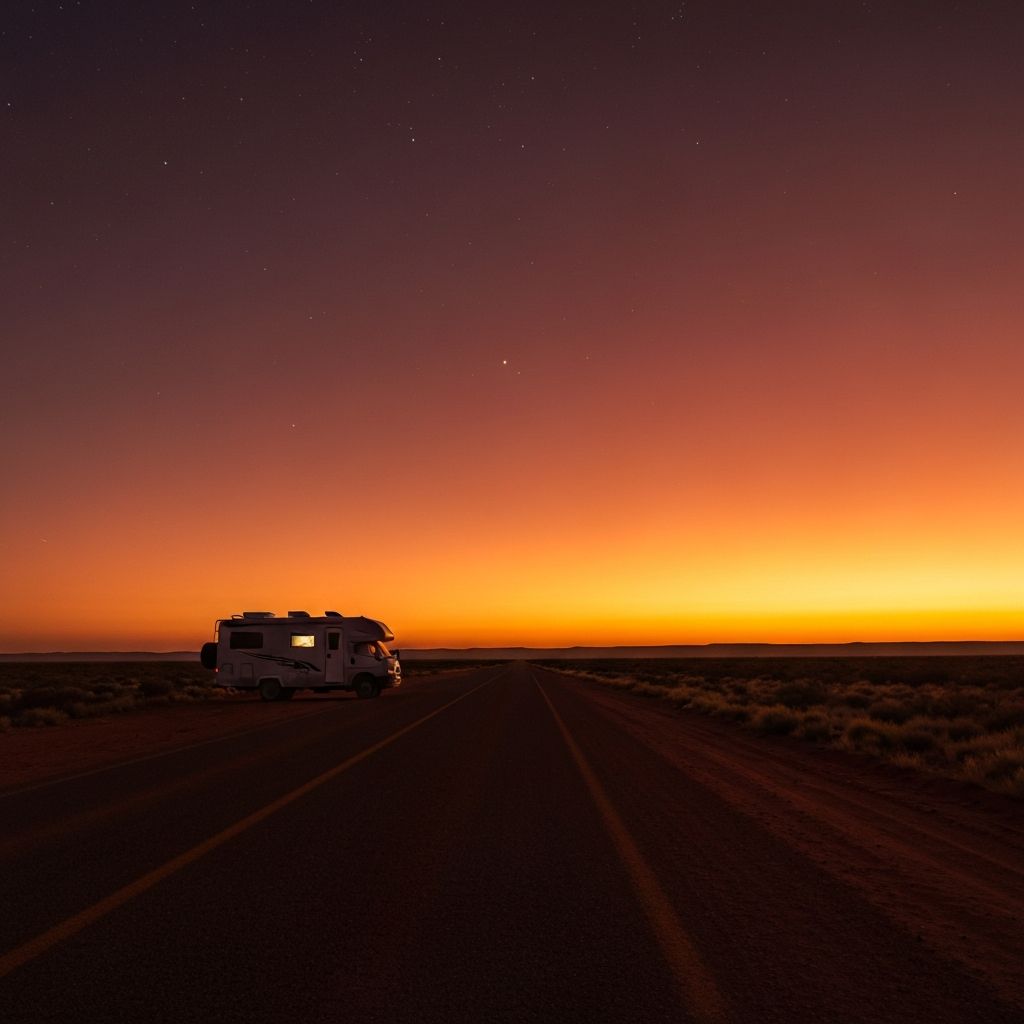 Breathtaking Australian outback sunset with silhouette of a campervan on a dusty road